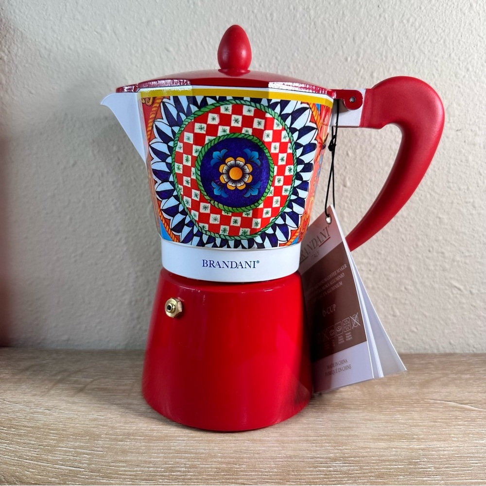 Brandani 6 CUP Italian Coffee Maker MOKA POT Aluminum SICILIAN PATTERN NWT